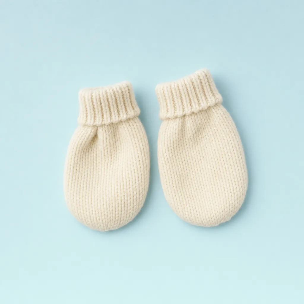 Pair of ivory knitted mittens on a pastel blue background