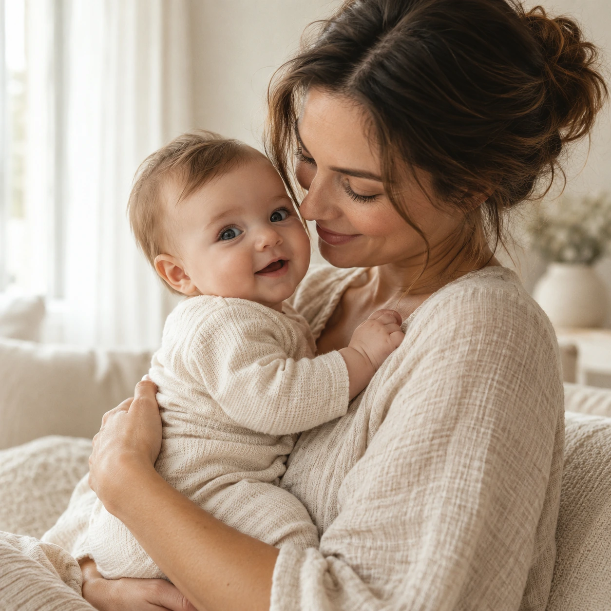 A parent shares a tender moment with their baby in natural light.